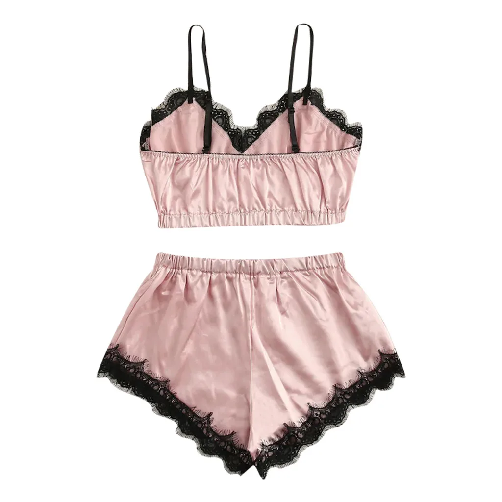 Z30 Lingerie Sexy Bra Set Women's Sleepwear Sleeveless Strap Lace Trim Satin Cami Tops Pajama Sets Bras Women Brief Sets