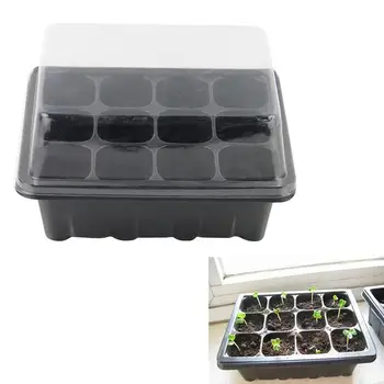 

10 Pcs 18x14x6cm Seedling Tray Sprout Plate 12-Cells Nursery Pots Tray with Transparent Lids Box For Gardening Bonsai (Black)