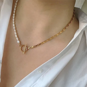 

2020 new creative design fashion short necklace freshwater pearl punk chain stitching choker high quality stainless steel chain
