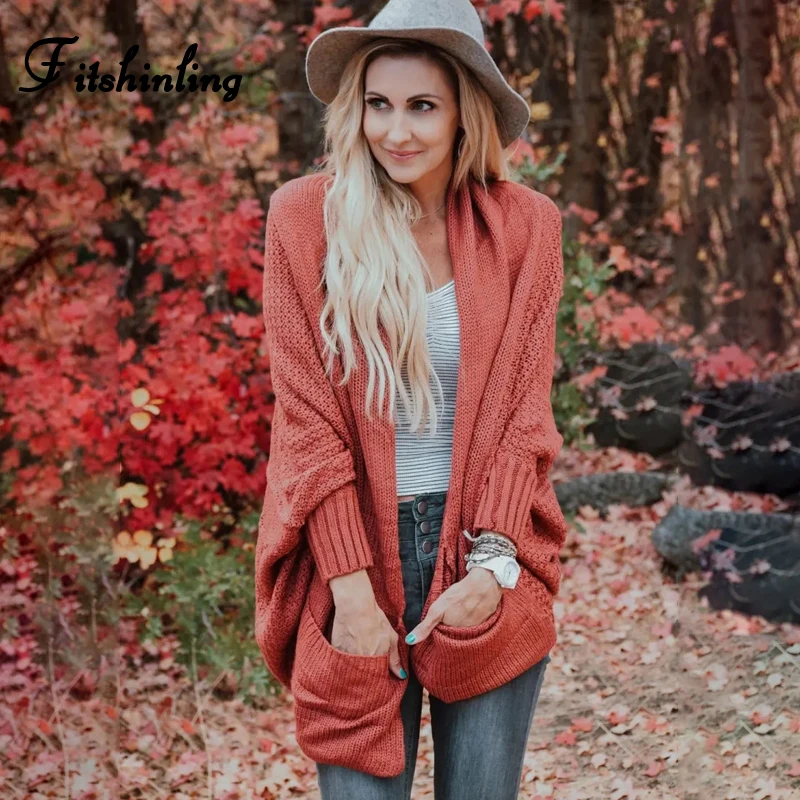 

Fitshinling Oversized Batwing Sleeve Cardigans Winter Sweaters Pockets Fashion Female Long Cardigan Loose Knitted Jacket Sale