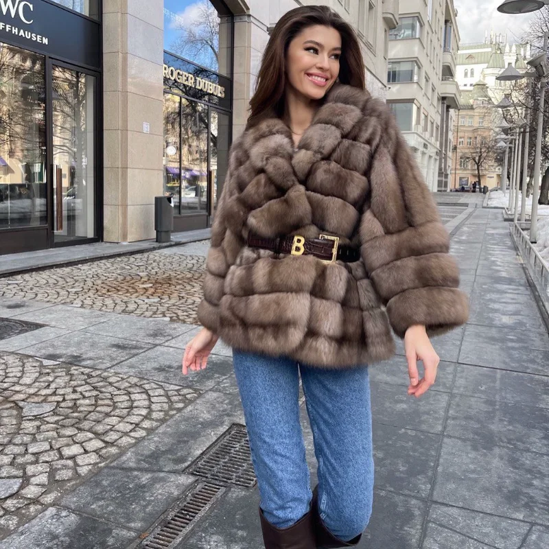 Шубка женская из натурального меха соболя, Весенняя модная Роскошная верхняя одежда с отложным воротником и длинным рукавом, свободная шубка из натурального меха, новинка 2023