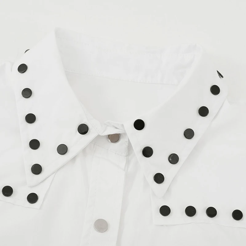 Women White Button Decoration Blouse New Lapel Long Sleeve Loose Fit Shirt