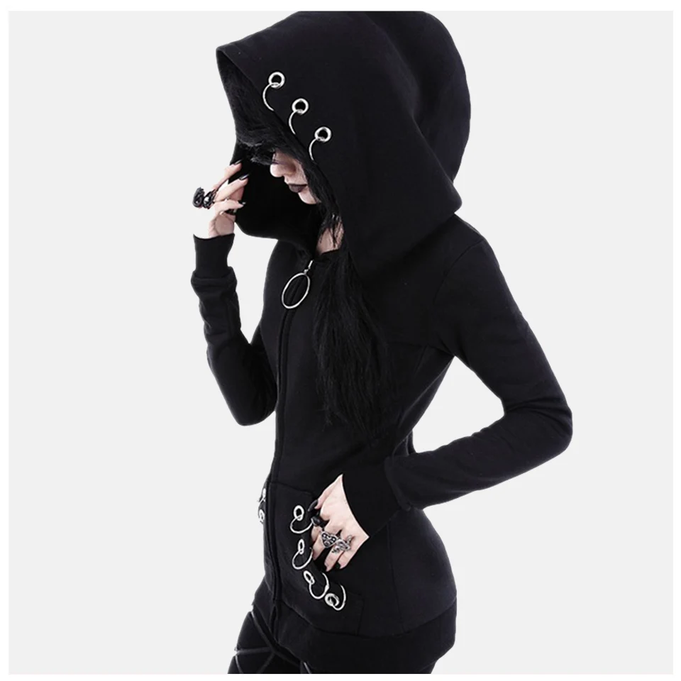  Plain Hooded Sweatshirt Punk Dark Gothic Poleron Mujer 2019 Ring Rivet Embellished Hoodie Zip Up Wi
