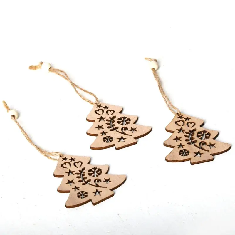 3pcs/set Vintage Christmas Trees Hanging Pendants with Rope Beads Ornament Wooden DIY Crafts Party Decor Gift 634E