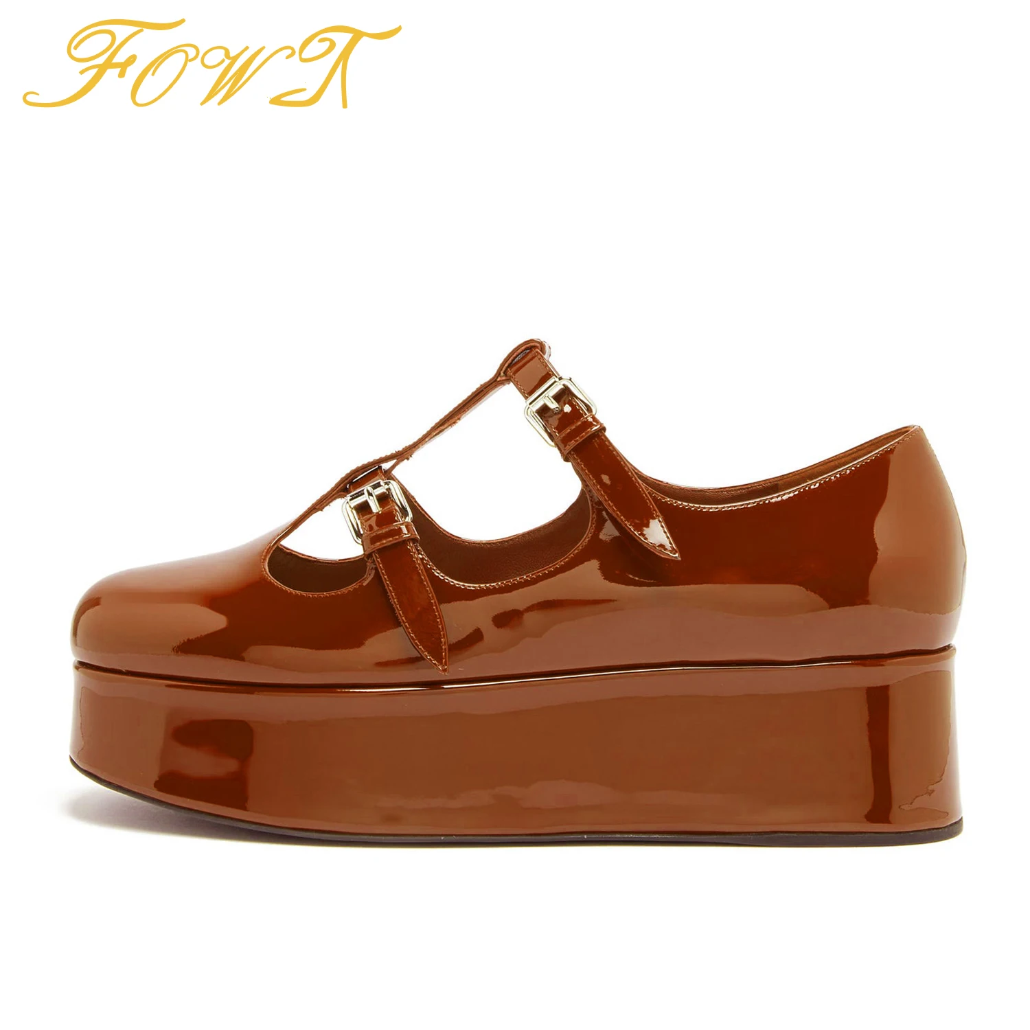 

Brown High Wedges Heel Double Buckles Women's Pumps Platform Round Toe Patent Leather Ladies Sexy T-Strap Shoes Size 40 41 FOWT