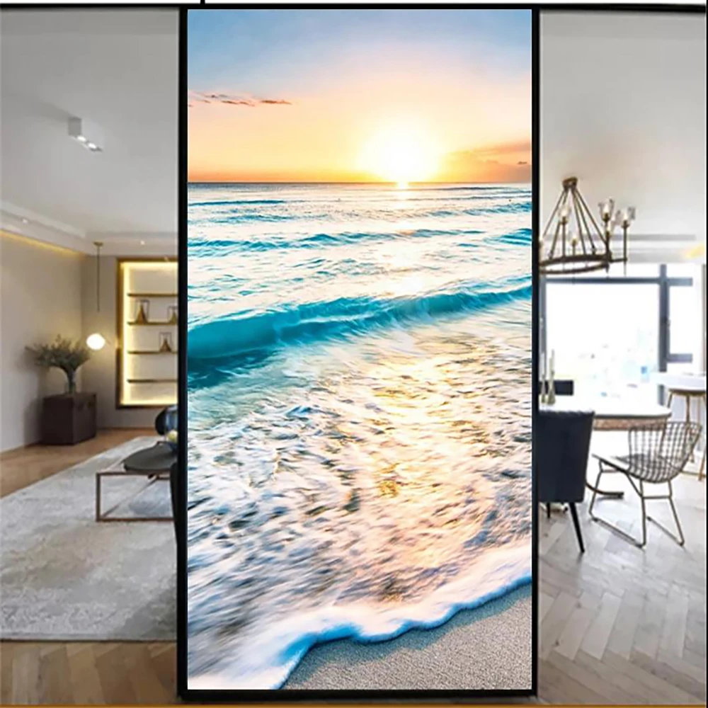 BeachStainedGlassWindowFilmPrivacyGlassStickerUVBlockingHeatControlWindowCoverings