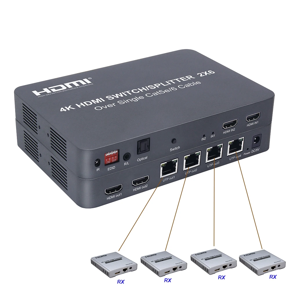 2x6 HDMI коммутатор/сплиттер удлинитель Оптический SPDIF+ 3,5 мм разъем аудио экстрактор 4 k@ 30 Гц 100 м по Ethernet RJ45 CAT5e CAT6