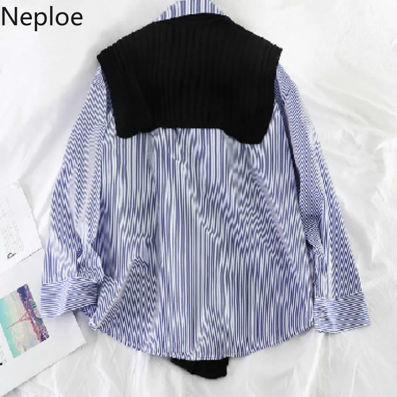 Neploe, корейская мода, Лоскутная, в полоску, с отложным воротником, блузка, женская, с длинным рукавом, свободная, дикая, Blusas, вязанная шаль, комплект из 2 предметов, 46745