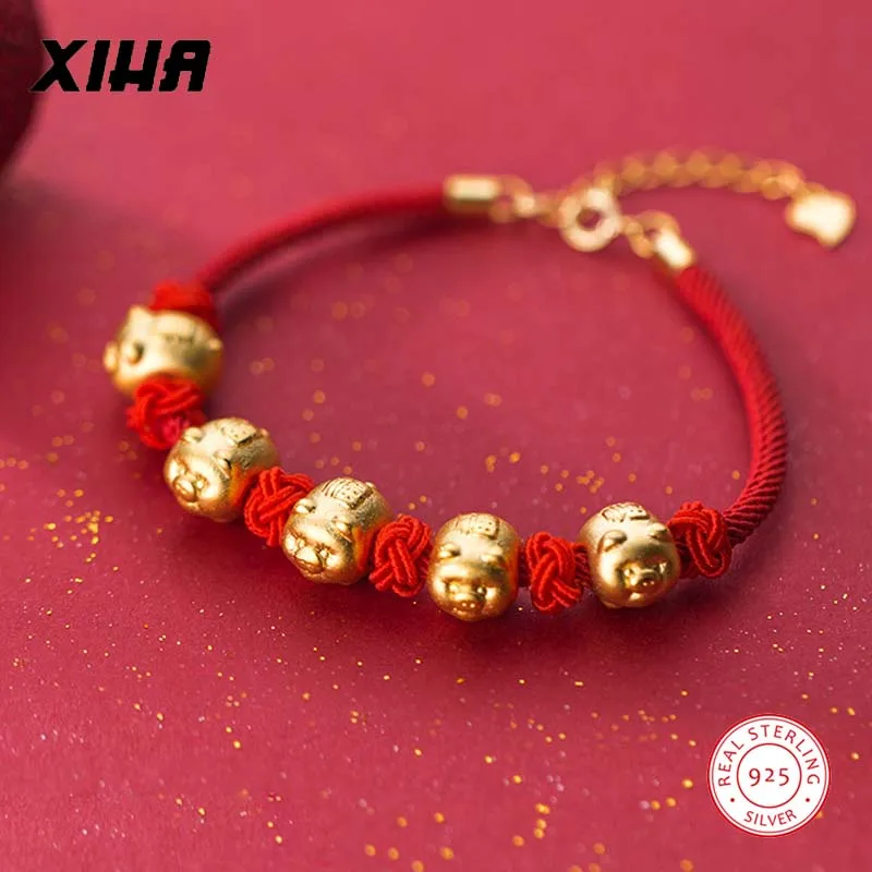 Счастливый регулируемый браслет с красной нитью, Китайский Зодиак, животное, поросенок, 925 пробы, серебряная плетеная веревка, многослойные браслеты