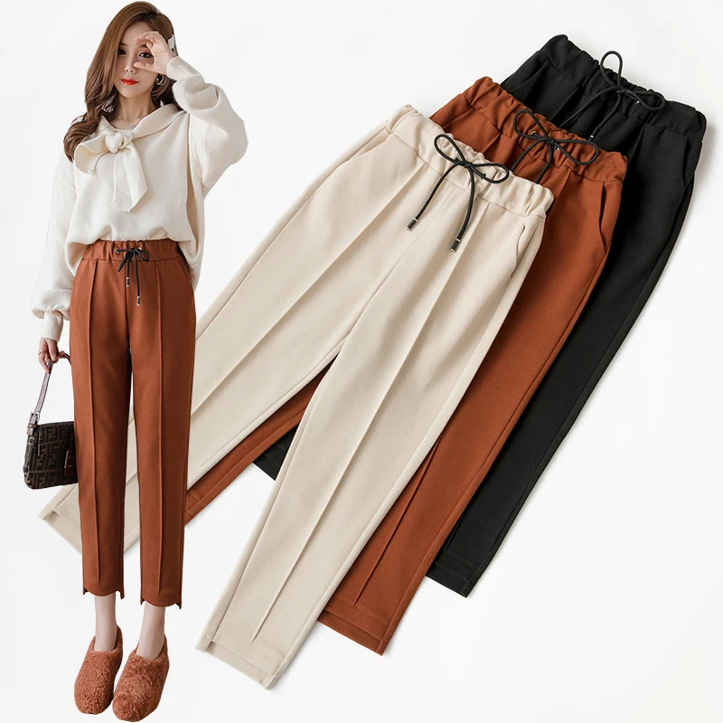 Осень Зима шерстяные штаны женские шнуровка с высокой талией карманы брюки уличная одежда большого размера шаровары pantalon femme