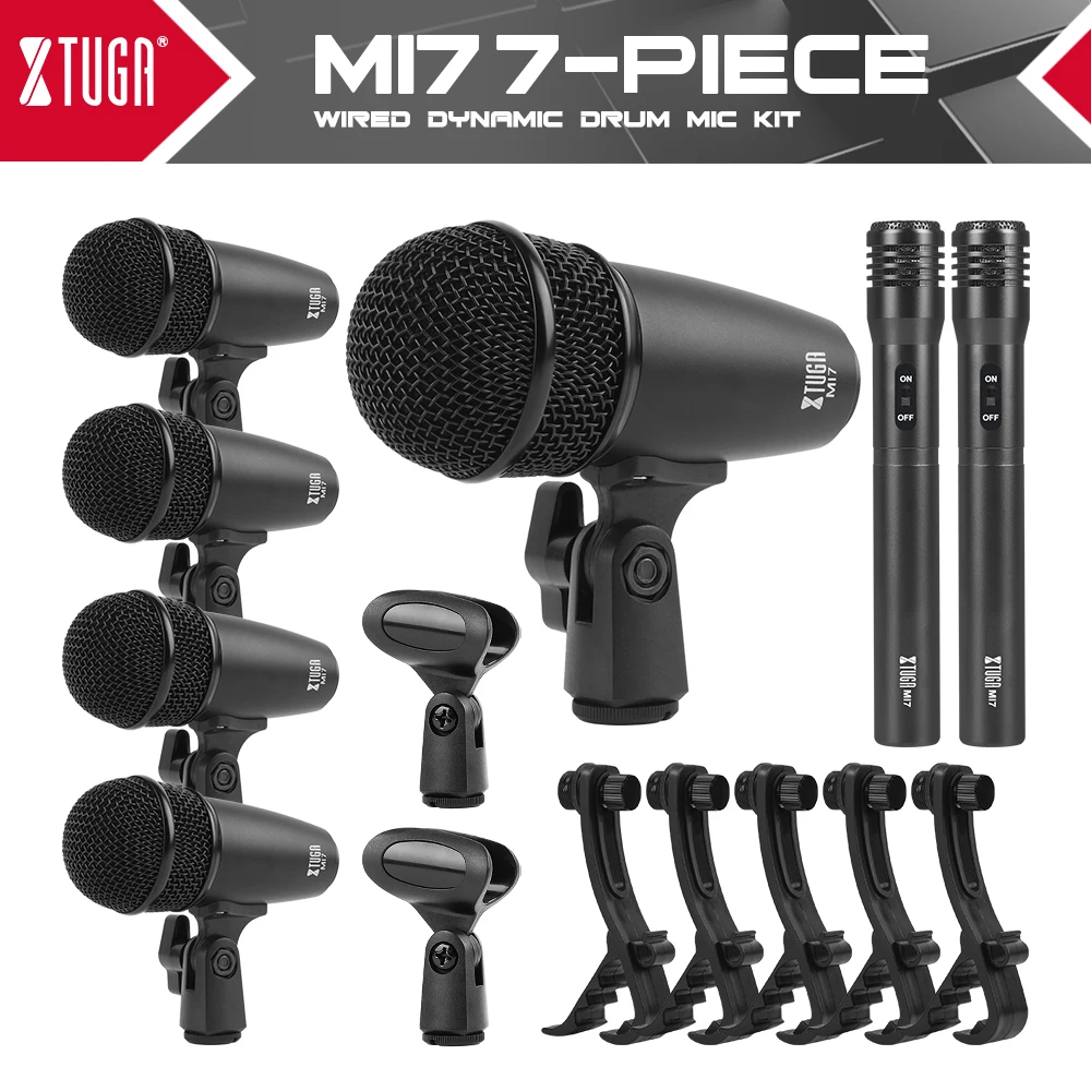 XTUGA MI7P 7-Piece Wired Dynamic Drum Mic Kit (Whole Metal)- Kick Bass Tom/Snare & Cymbals Microphone Set - Use For Drums