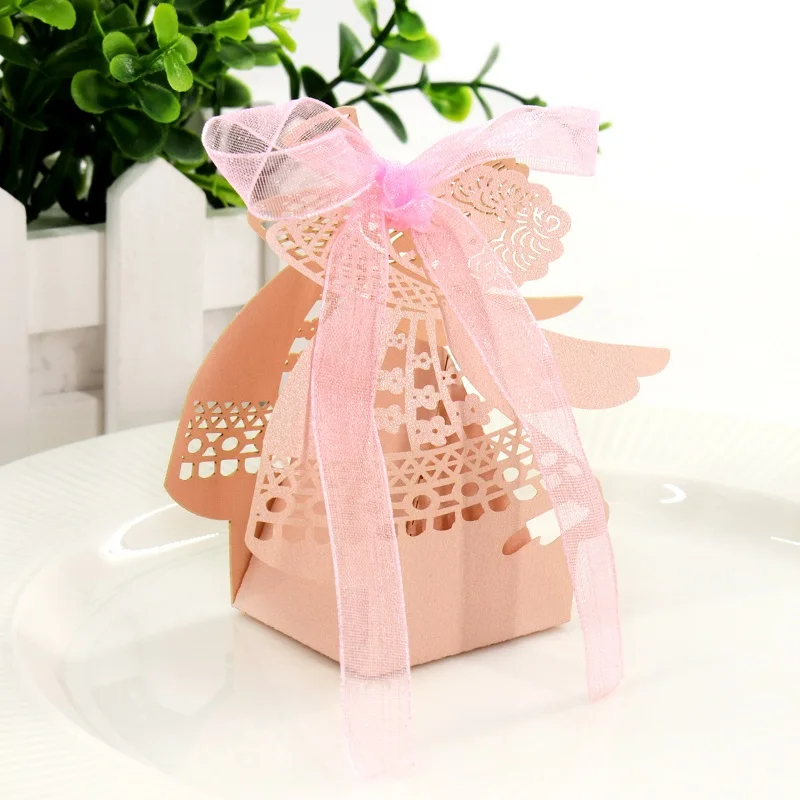 Pink 10 шт. 8,6x8,3x3,7 см коробки для конфет ангел лазерная резка Свадебная коробка конфет детский душ Рождество Свадьба подарок упаковка коробка - Цвет: Pink