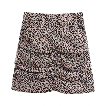 

Vintage Leopard Printed Drapped Skirt Women Fashion Slim Skirts Elegant Ladies A Line Mini Skirts