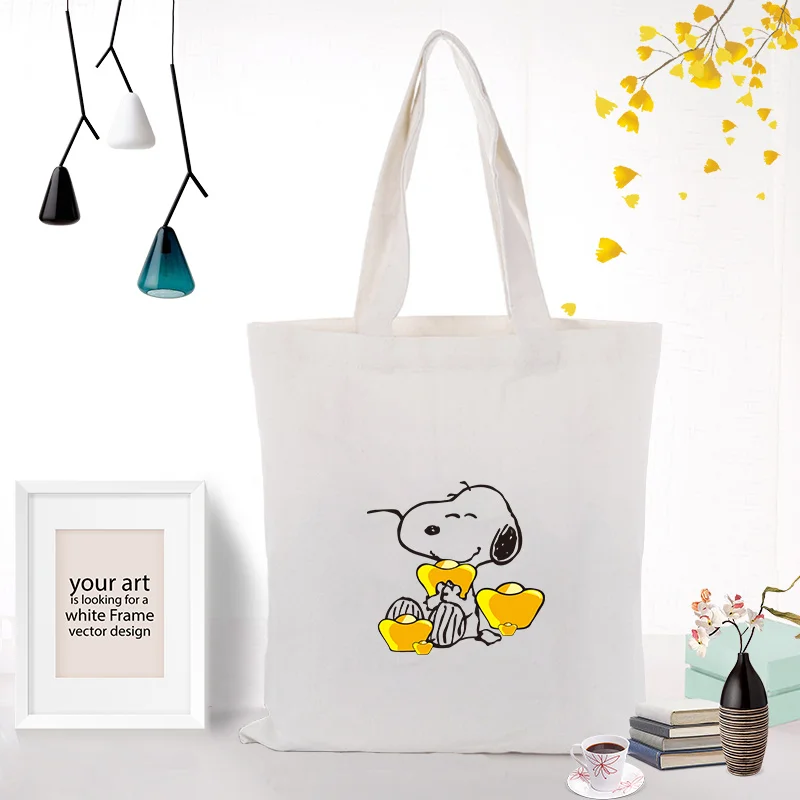 SNOOPY095 Милая Холщовая Сумка-тоут с рисунком собаки из мультфильма, индивидуальный принт, текстовый логотип, сделай сам, ежедневное использование, экологичность, многоразовая перерабатываемая сумка для покупок - Цвет: SNOOPY095