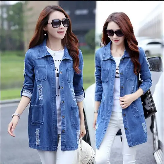 Spring Autumn Women Long Sleeve Jeans Coat Female Casual Ripped Long Denim Jacket Outerwear 4XL 5XL RQ231