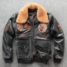 Мужская Черная куртка для пилота размера плюс 3XL с воротником из натуральной воловьей кожи в стиле милитари