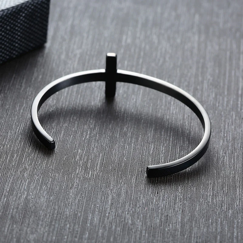 316L Stainless Steel Open Cuff Bangle Mens Cross Bracelet Sideways Fashion Top Jewelry