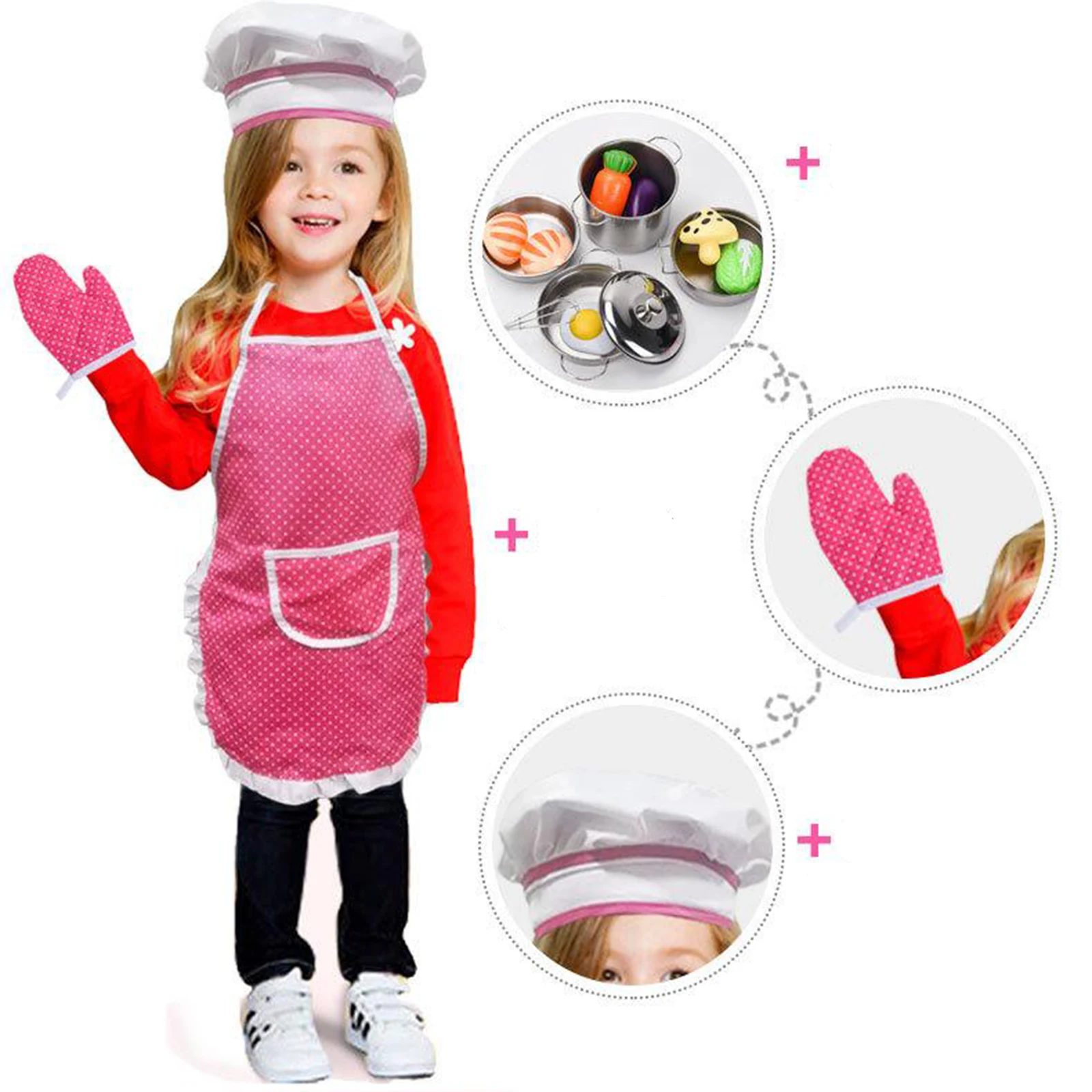 Pink Kids Chef Play Set, Kids Cooking Playset,Chef Dress Up Outfit Set with Kids Apron,Chef Hat Pretend Role-play Cooking Toy