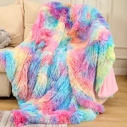 Tie Dyed Plush Soft Fluffy Travel Blanket Winter Double Layer Gift Sofa Rainbow Blanket Lounge Chair Towel