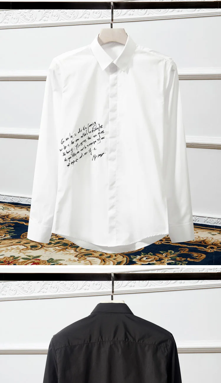 Брендовые мужские рубашки с длинным рукавом Slim Chemise homme сплошной цвет буквы вышивка рубашки для мужчин повседневные деловые мужские рубашки