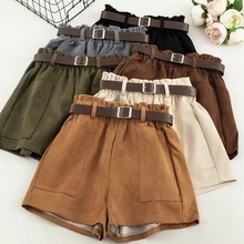 Винтажные шорты с широкими штанинами, женские модные повседневные шорты с высокой талией и карманами, черные брюки цвета хаки, штаны на осень и зиму
