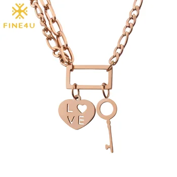 

FINE4U N403 Stainless Steel Love Heart Key Pendants Necklace Rose Gold Color Curb Cuban Chain Necklaces Cute Romantic Jewelry
