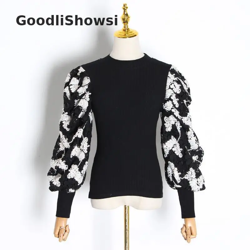 GoodliShowsi Новое поступление повседневные женские вязаные топы с круглым вырезом, выдалбливают Пуловеры с рукавами в форме фонаря Crewnecks Модный Эластичный джемпер - Цвет: Черный