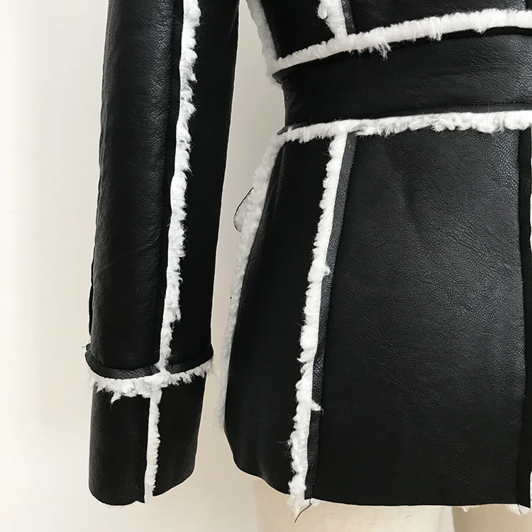 Превосходное качество Стильный дизайнерский зимний блейзер для женщин с пуговицами льва из искусственного меха кожаная куртка блейзер