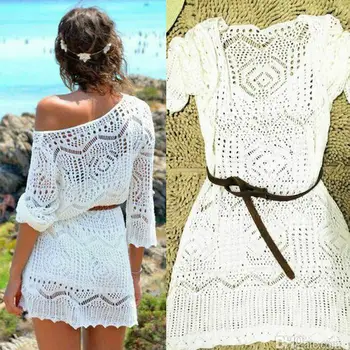 

Women White Lace Crochet Short Sleeve Bikini Cover Up Swimwear Bathing Suit Summer Beach Mini Dress
