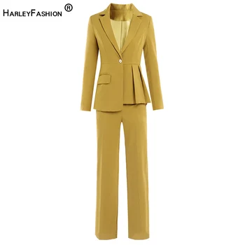 

HarleyFashion Luxury Design European Style Formal Pants Suits Solid Yellow & Black Blazer Slim Trousers Quality OL Twin Sets