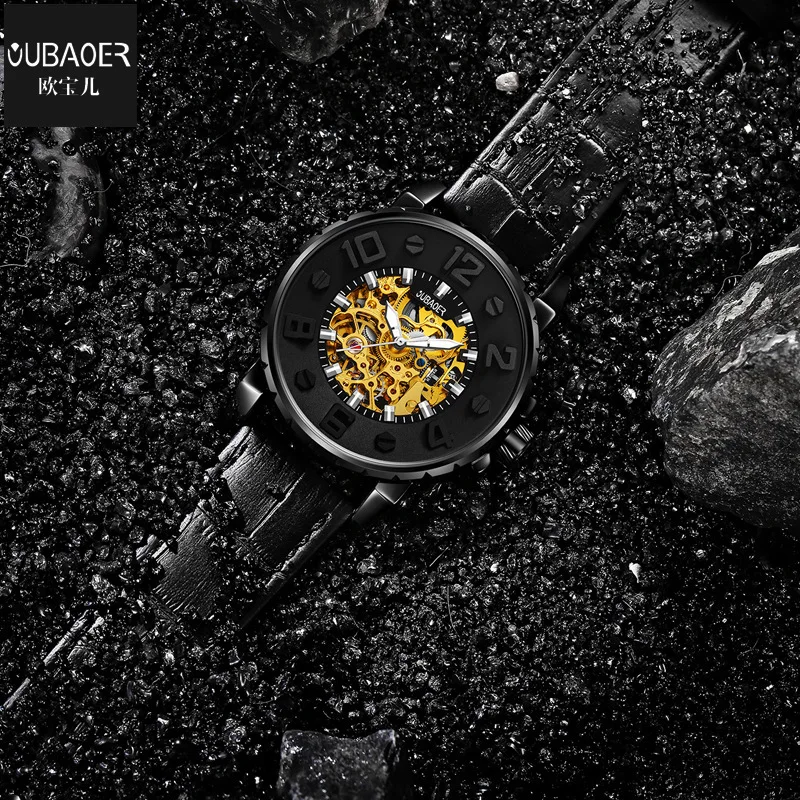 

Oubaoer Watch Men Automatic Analog Watch Leather Belt-Style Hollow out Waterproof Students Hip Hop MEN'S Watch
