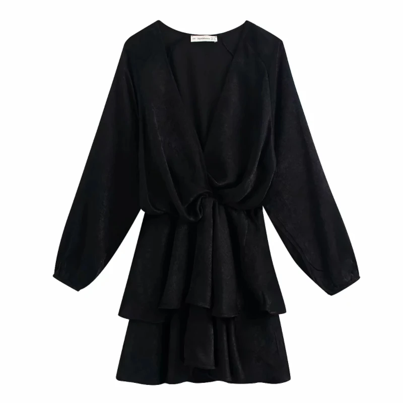 Cena 2019 kobiety elegancki krzyż v neck wiązane casual linia sukienka kobiet z długim rękawem kaskadowe ruffles vestidos jesienne sukienki DS2795