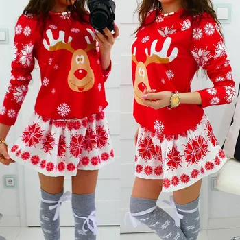 

Dress Women платье Fashion Merry Christmas Red Cartoon O-Neck Snowflake Elk Print Xmas Long Sleeve Mini Dress Free Ship Z4