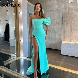SoDigne Bule Satin Mermaid Evening Dress One Shoulder Sexy Simple Side Slit Prom Gowns Celebrity Formal Occasion Dress