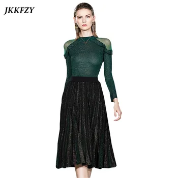 

2020 Spring Women Fashion Bright Silk Knit Two-Piece Long Sleeve O-Neck Thin Sweater Solid Color Elastic Waist A-Line Skirt