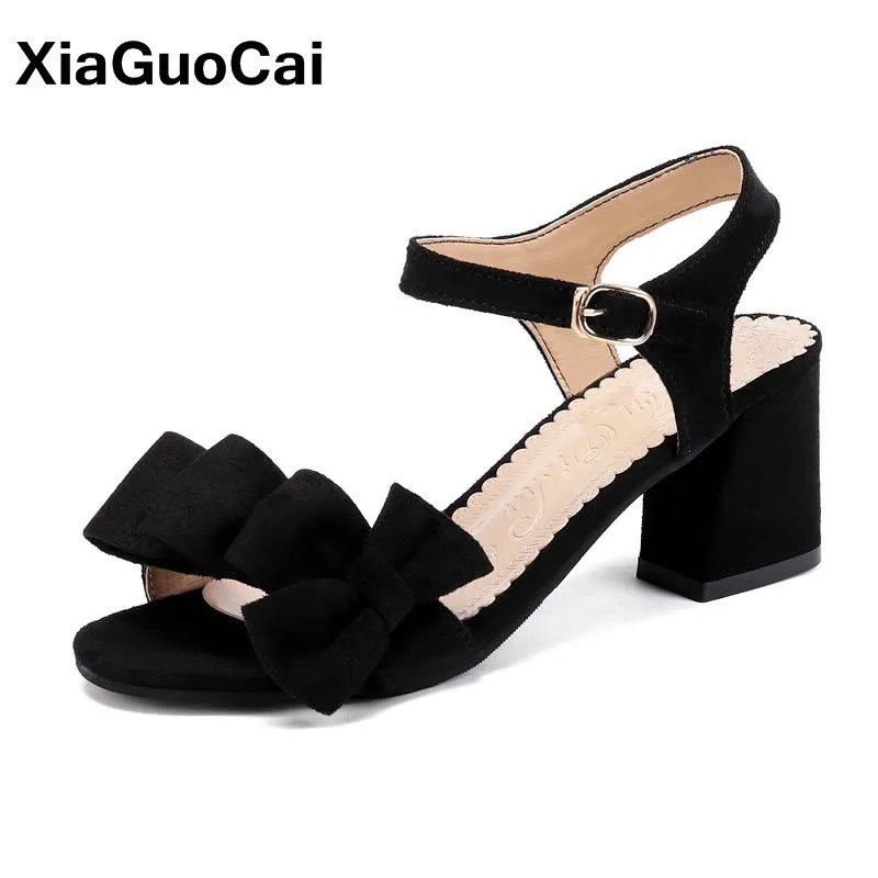 

Fashion Women Sandals Summer Sexy Mature Female High Heels Shoes New Arrival Open Toe Ladies Footwear Bowknot Buckle Flock Pumps