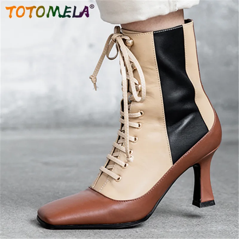 

TOTOMELA 2020 New Genuine leather boots women mixed color lace up retro square toe high heels ankle boots female shoes