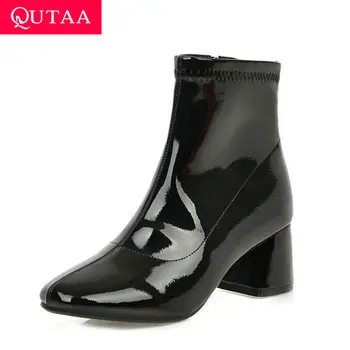 

QUTAA 2020 New Autumn Winter Fashion Square Toe Zipper Ankle Boots Square Heel Patent Leather All Match Women Shoes Size 34-43