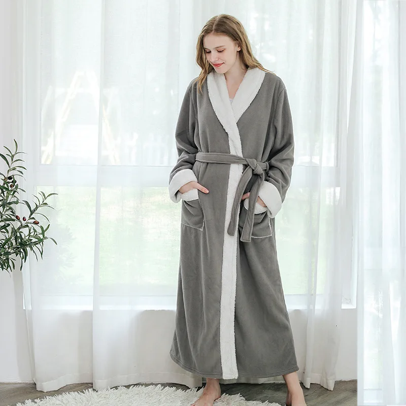 woman light gray Зимний длинный банный Халат фланелевый двойной утепленный зимний халат Женская домашняя одежда толстый теплый Халат - Цвет: woman light gray