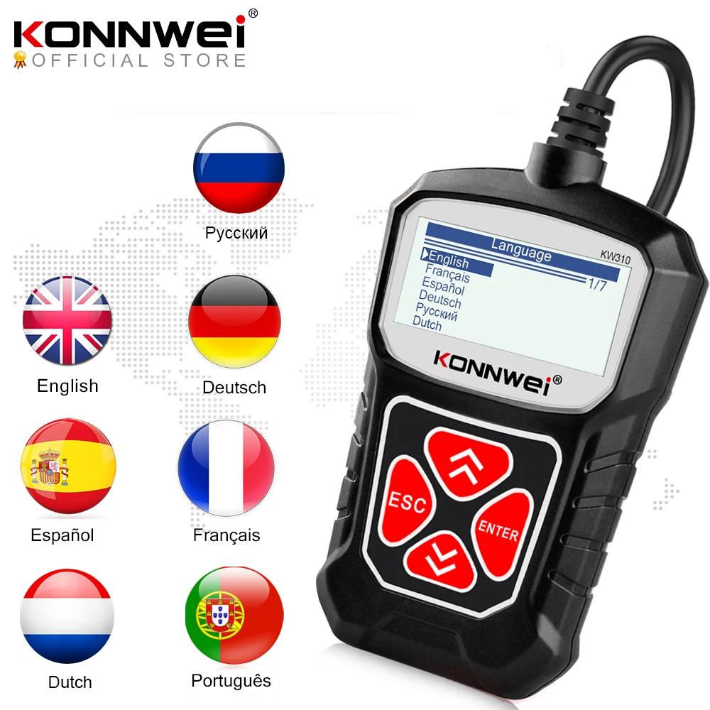 

KONNWEI KW310 OBD2 Scanner for Auto OBD 2 Car Scanner Diagnostic Tool Automotive Scanner Car Tools Russian Language PK Elm327