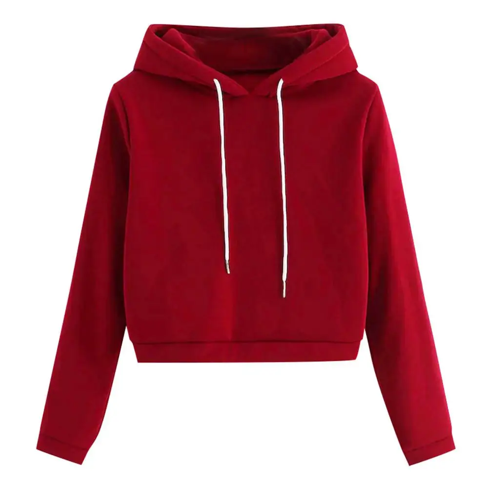 Women Autumn Harajuku Crop Tops Red Hoodies Casual Long Sleeve Sweatshirt Hooded Top Pullover Sweatshirt Women Hoodies 2019