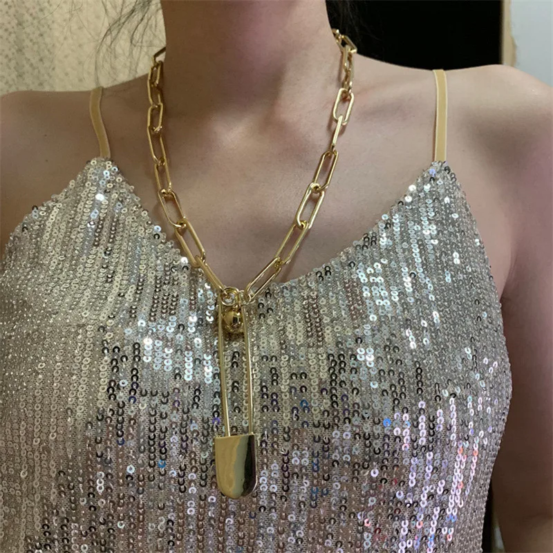 NEW Necklaces Gold Chunky Chain Double Layers Safety Pin Lock Key Necklace Winter Korean Fashion Minimalist Party Hiphop Jewelry | Украшения