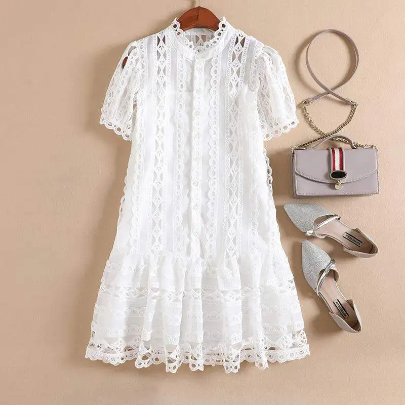 

SHTONGHUA 2019 summer Elegant Women Designer Runway Loose Dress Vintage White Long Sleeve Hollow Lace Patchwork Dress