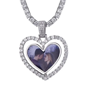 

US7 Heart Custom Made Photo Rotating Double-sided Pendant & Necklace With Tennis Chain Cubic Zircon Men's Hip Hop Jewelry