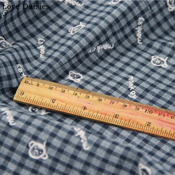 

Cotton/Polyester GRAYISH BLUE Check Offset Printing Cartoon White Monkey Fabric for Spring Apparel Blouse Shirt Dress Patchwork