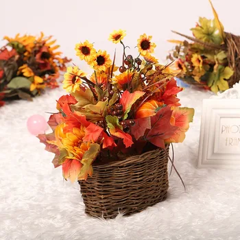 

Artificial Sunflowers Maple Leaves Berries Pumpkin With Rattan Woven Basket Indoor Outdoor Table Decorations Sztuczne Kwiaty