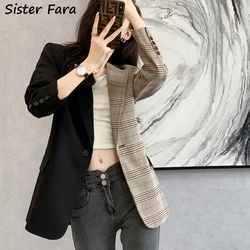 Irmã fara nova primavera outono chique retalhos xadrez blazers feminino solto único botão blazers senhoras jaqueta casual blazer casaco