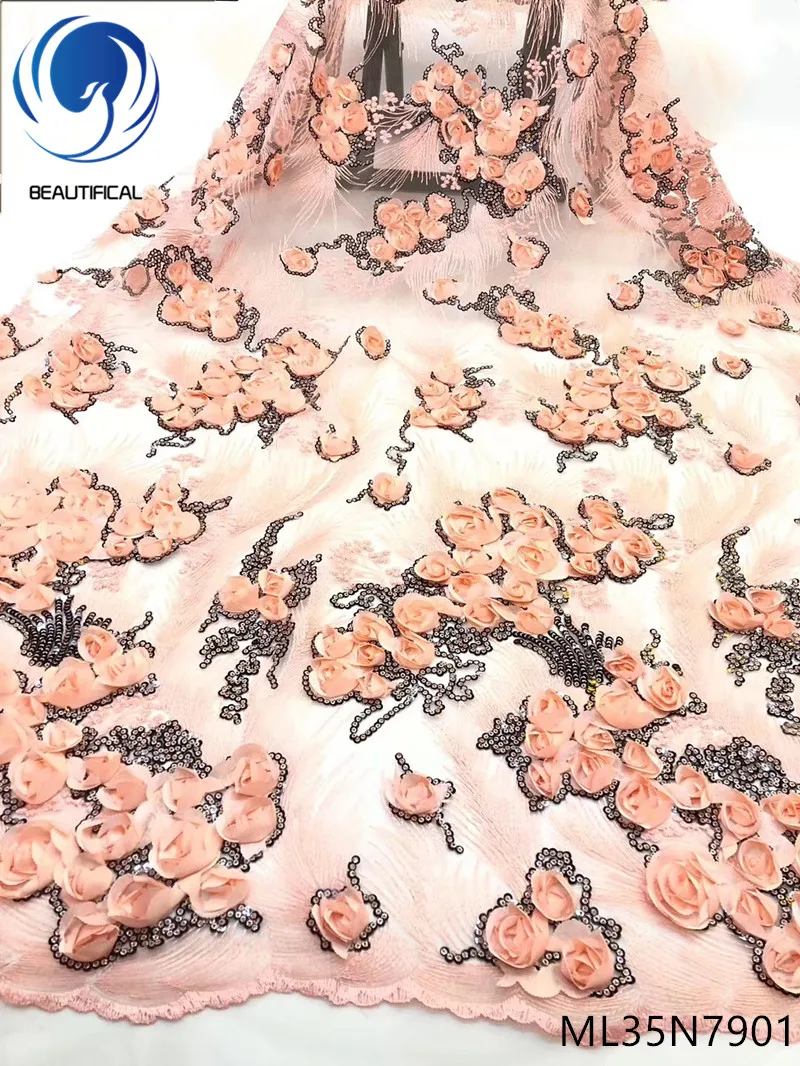 

BEAUTIFICAL 3d french lace fabrics 3d rose flowrs lace fabric with sequins embroidey New design tulle lace fabric ML35N79