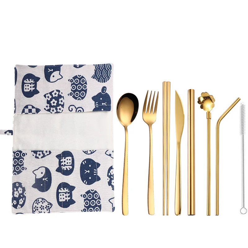 

Gold Cutlery Stainless Steel Tableware Set Spoon Fork Knife Sets Straw with Cloth Pack for Travel Outdoor Office Picnic BBQ