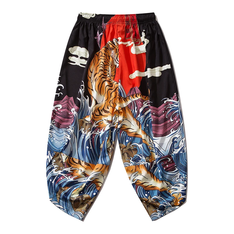 Bebovizi 2020 Japanese Style Harajuku Men Trousers Sakura Samurai Costume Loose Fashion Women Traditional Bloom Pants Haori